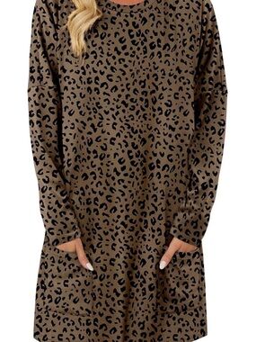 NWOT Leopard Print Long Sleeve Tunic Top Swing Dress Pockets pair with leggings!